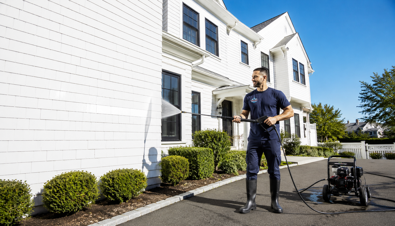 Long Island Clean Pros technician power washing a home exterior in Nassau County
